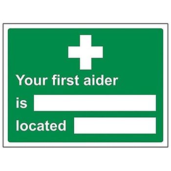 VSafety First Aider/Located Sign - Landscape - 200mm x 150mm - Self Adhesive Vinyl