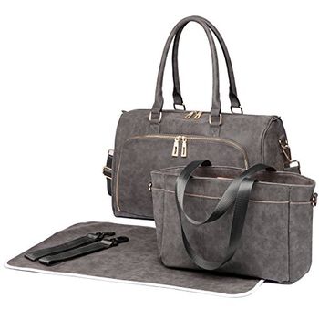 Miss Lulu Baby blöja skötväska set stor axelväska handväska PU-läder tygväska, skötmatta, avtagbar tygväska och 2 remmar, Grå, Large