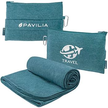 PAVILIA Manta y almohada de viaje suave y compacta, manta plegable para avión en bolsa, juego de manta de vuelo portátil ligera con correa de equipaje, accesorios de regalo para camping, avión, coche,