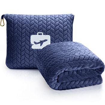 EverSnug Premium Travel Blanket Pillow - Soft 2 in 1 Airplane Blanket with Soft Bag Pillowcase, Hand Luggage Sleeve and Backpack Clip (Navy Blue)