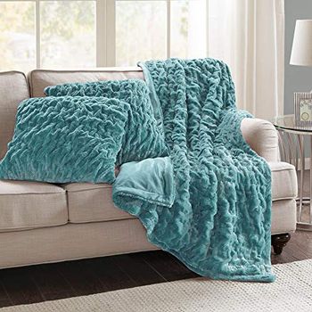 Comfort Spaces Ruched Faux Fur Plush Throw Blanket and Pillow Set with 2 Matching Square Pillow Covers Sofa Throw Blanket for Living Room, Chair, Couch, Home Office Luxurious Fuzzy Soft Teal 50"x 60"