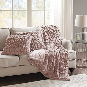 ZASTION Comfort Spaces Ruched Faux Fur Plush 3 Piece Throw Blanket Set, Ultra Soft Fluffy with 2 Square Pillow Covers, 50"x60", Blush