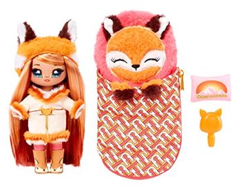 Surprise Camping Series - SIERRA FOXTAIL - Fox Inspired Soft Plush Fashion Doll with Orange Hair & Cosy Animal Sleeping Bag - Includes Outfit, Pillow, & Brush - Collectable - For Kids Ages 5+, 28 CM