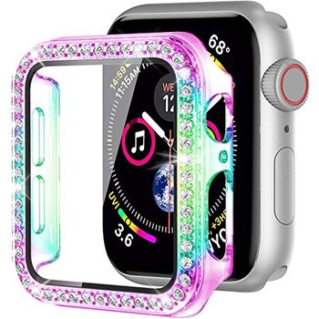TINSOI Compatibel met Apple Watch 45 mm beschermende bumper met gehard glas beschermer, Crystal Diamond Bling hoesjes cover voor iWatch Series 7