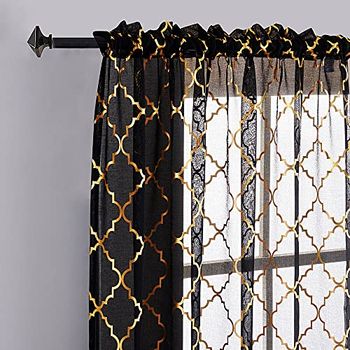 YJ YANJUN Set van 2 zwarte en gouden gordijnen voor slaapkamer - Transparante zwarte gordijnen met Marokkaanse metallic geruite gordijnen 160 cm lang - 132,1 x 160 cm - zwart en goud