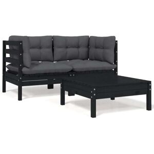 Vidaxl Set Divani Da Giardino 3 Pz Con Cuscini Nero Massello Di Pino