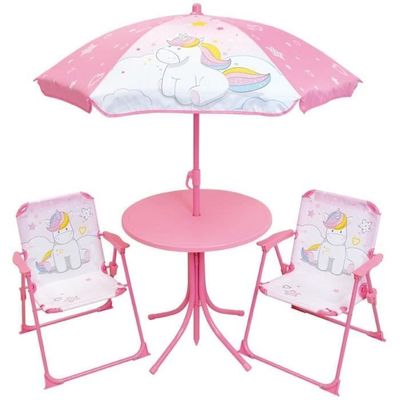 Trädgårdsmöbler - FUN HOUSE - Enhörningsträdgårdsmöbler: Bord H.46 x 46 cm, 2 fällstolar, parasoll H.125 x 100 cm