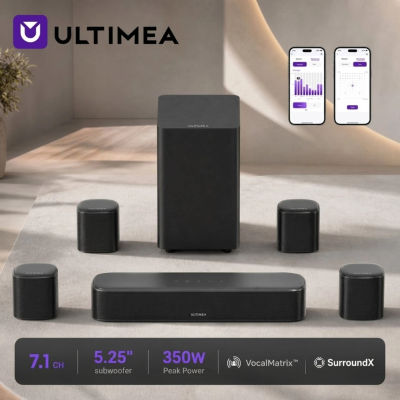 Barra de Sonido para TV ULTIMEA de 350W y 7.1 Canales con 4 Altavoces Surround, Sistema de Sonido Envolvente con Subwoofer Mejorado de 5.25', Control por Aplicación Inteligente