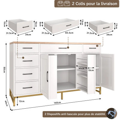 Mueble de cocina blanco, aparador, mueble de almacenaje para la sala de estar, encimeras y dos cajones, apto para cocina/sala de estar