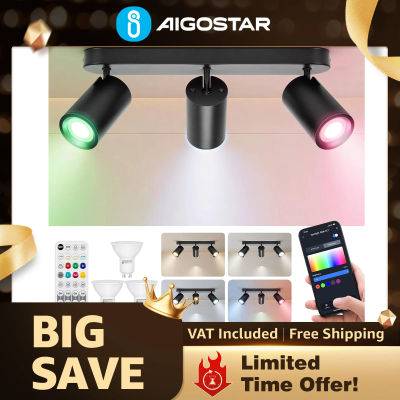 Aigostar Foco de techo inteligente, 3 cabezales GU10 ajustables y giratorios, compatible con Bluetooth y control por Alexa, regulable a todo color, iluminación para dormitorio/cocina