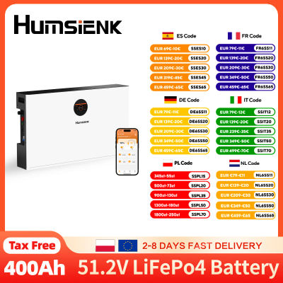 Batería de Litio LiFePO4 Humsienk de 48V 400Ah, 20kWh de Energía, Bluetooth con Equilibrio Activo, Montaje en Pared para Hogar, Sistema Solar