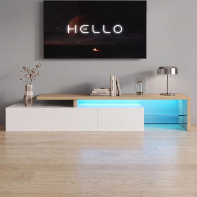MINGZHE Mueble de TV Moderno para Sala de Estar, Mueble Bajo para TV con 2 Divisiones de Vidrio, 3 Cajones, Aparador, Estantes de Vidrio con Acabado de Madera Blanca Brillante, Blanco/Negro
