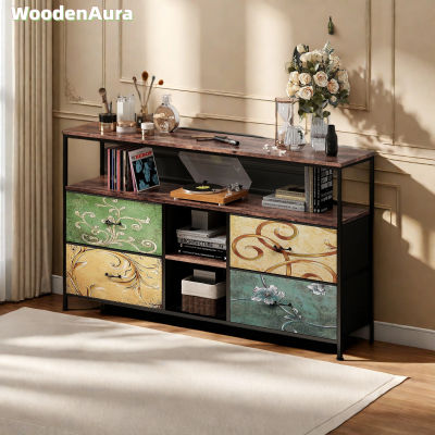 WoodenAura Mueble de TV con tira de luz LED y 4 cajones de tela, patas regulables en altura, mesa auxiliar, colorido, 108x30x78 cm