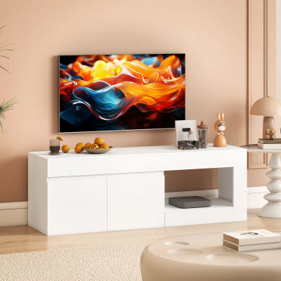Mueble para TV blanco, mueble para televisión con dos puertas de almacenamiento cerradas y estante frontal abierto, práctico mueble consola para sala de estar, espacio de almacenamiento para equipos