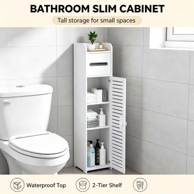 Mueble estrecho de almacenamiento para baño, mueble auxiliar delgado para inodoro con cajón para pañuelos, organizador impermeable de PVC para baño, inodoro y cocina