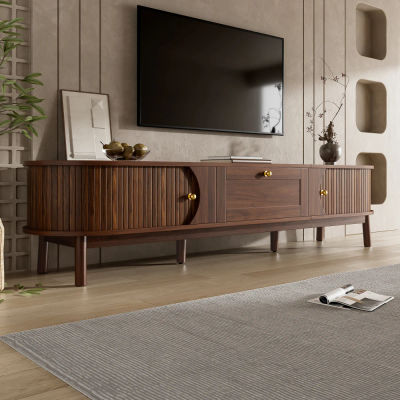 Mueble para TV de 170X39.5X38 cm con cajones y espacio de almacenamiento, diseño clásico con esquinas redondeadas, patas de madera resistentes, color: nogal