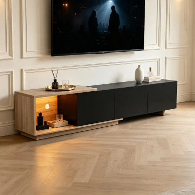 Mueble para TV Extensible Anajqaqia de 240 cm, Mueble Bajo para TV con 3 Cajones y Compartimento Abierto, Mesa para TV con Almacenamiento, Mueble para TV, Mueble de Almacenamiento para Sala de Estar,
