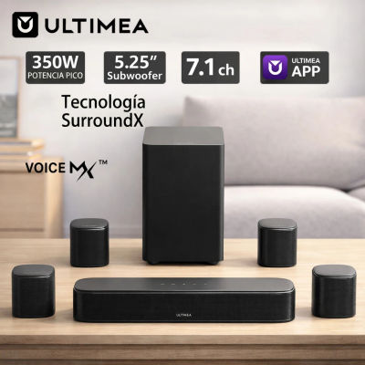 ULTIMEA Aura S4T 350W Barra de Sonido 7.1ch en Kit para TV con Subwoofer, 4 Altavoces Envolventes y Soportes de Montaje, Sistema de Cine en Casa, Control por App, HDMI ARC