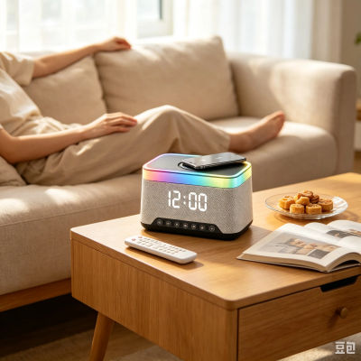 Regalo Original Altavoz Multifunción Reloj Despertador, Carga Inalámbrica, Luz Ambiental RGB, Radio FM y Modo Ruido Blanco