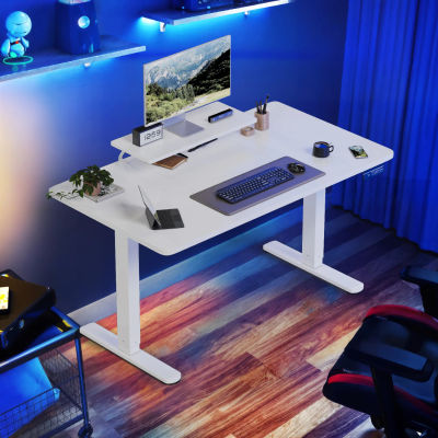 Escritorio Devoko con altura ajustable, eléctrico, 120 × 60 cm, con soporte para monitor, asiento ergonómico, escritorio de pie (blanco)