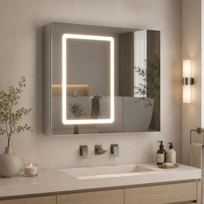 Mueble de baño con espejo LED, mueble de baño con espejo y función antivaho, 3 modos de iluminación de colores, estante ajustable, espejo de pared para farmacia