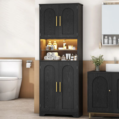 Mueble de Baño, Armario Alto con Luces LED que Cambian de Color y 4 Puertas, Estantes Ajustables, Sala de Estar, Baño