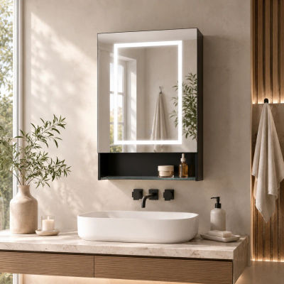 Armario Espejo Baño 1 Puerta, Mueble de Baño Blanco con Espejo Antivaho, Gabinete Colgante de Pared, Estantes Ajustables, Armario Baño Almacenaje para WC Casa Apartamento Moderno