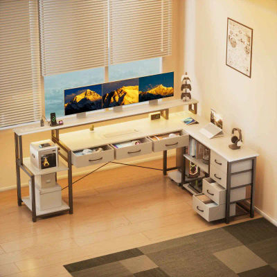 Escritorio, Escritorio Cuadrado con Cajones, Tomas de Corriente y Puertos USB, Incluye Soporte para Monitor e Iluminación LED Blanca