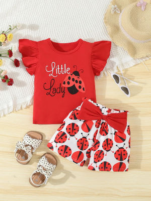 Adorable traje de mariquita de verano, conjunto de 2 uds para niñas, camiseta sin mangas + pantalones cortos informales, ropa para bebés recién nacidos