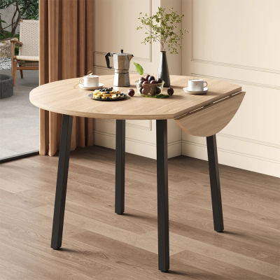 Mesa de comedor plegable circular con estructura metálica color roble, tablero plegable, apta para 2-4 usuarios, mueble compacto para espacios pequeños 100x100cm