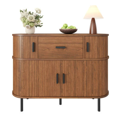 Mueble auxiliar de dos pisos con puertas correderas, cómoda con cinco cajones, compartimentos integrados para ventiladores de mano, 110 × 35 × 81.5 cm, color nogal.