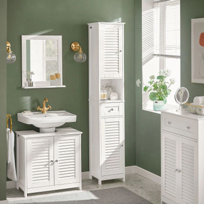 SoBuy FRG236 armario alto para baño, estante para baño, mueble de baño con 1 compartimento abierto, 1 cajón y puertas