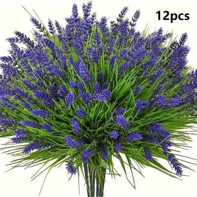 12 paquetes de plantas artificiales de lavanda para exteriores con hierba de mono, arbustos verdes de plástico resistentes a los rayos UV para decoración del jardín del hogar