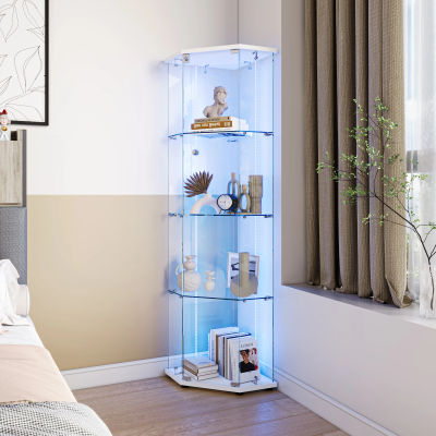 Vitrina de Vidrio Pentagonal con LED y Cerradura, Armario Vitrina de 60 x 42,5 x 162 cm, Mueble Vitrina de Esquina de 4 Niveles con Estantes Ajustables, Vitrina de Exhibición de Doble Puerta para
