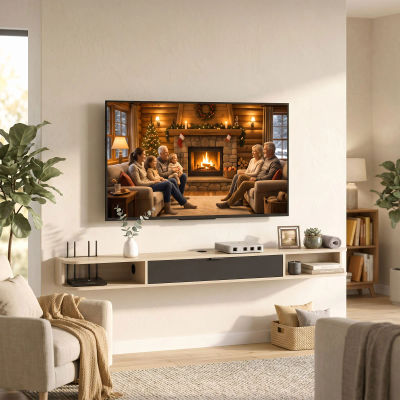 Mueble de TV Flotante de Madera Natural de 180×24×16cm, Consola Multimedia Montada en la Pared con Cajón y Estantes Abiertos Dobles, Diseño de Gestión de Cables, Apto para Pantallas de TV de hasta 75