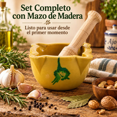 Juego de Mortero y Mazo de Loza Amarilla Chovi - Diseño Tradicional y Decorativo para Ajo, Especias y Hierbas - Fácil de Limpiar y Duradero