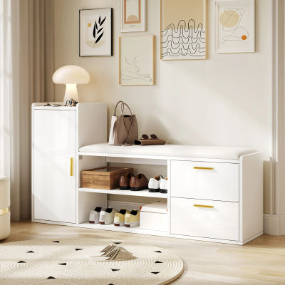 Banco para Zapatos Blanco con Asiento Acolchado, Mueble Organizador de Zapatos con Múltiples Espacios de Almacenamiento para Entrada, Pasillo o Sala de Estar