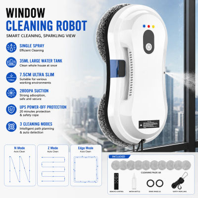 Robot Limpiacristales Ultra Delgado, Limpiador Automático de Vidrios de 2800 Pa con Pulverizador de Agua Automático, Control Remoto y Detección de Bordes, 80 W