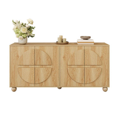 160X38.5X76 cm, Mueble de pasillo con efecto madera, cuatro puertas con motivos de relieve circulares, dos compartimentos separados, estantes ajustables, color madera natural