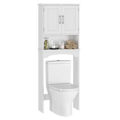 Mueble de Almacenamiento Sobre el Inodoro con Puertas Dobles y Dispositivo Antivuelco, Organizador de Baño con Estante Abierto, Mueble de Inodoro Alto de Madera Independiente
