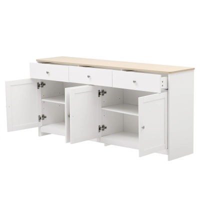 Aparador Comanlai con Cajones, Mueble Buffet, Mueble de Almacenamiento, Cuatro Puertas, Tres Cajones, para Sala de Estar, Comedor, Blanco