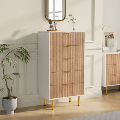 Superaly, Cómoda de 5 cajones, Mueble de almacenamiento, Aparador, Aparador de comedor, Armario, Mueble de entrada, Cómoda, Cómoda de dormitorio de gran capacidad, Madera natural y blanco