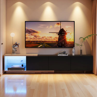Mueble para TV con iluminación LED, mueble con 3 cajones, barra extensible, mesa para TV con almacenamiento abierto, 240x38x44 cm, Negro