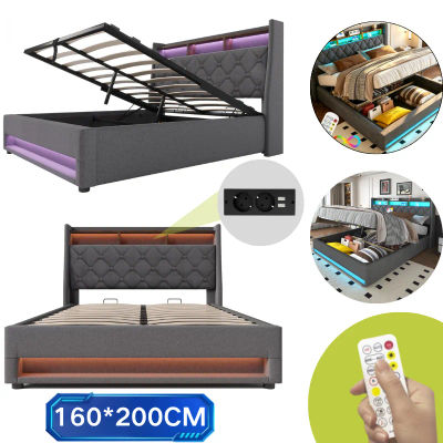 Base de Cama Tapizada de 160x200 cm con Luces LED y Espacio de Almacenamiento, Cabecero con Estructura de Láminas para Cama Doble, Mueble de Dormitorio para Adolescentes, Tamaño Queen