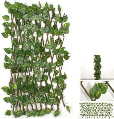 CELOSÍA EXTENSIBLE CON HOJAS VERDES 300x60 cm – Decoración de pared para jardín y balcón, pantalla de privacidad, enrejado plegable para plantas trepadoras, estilo natural moderno