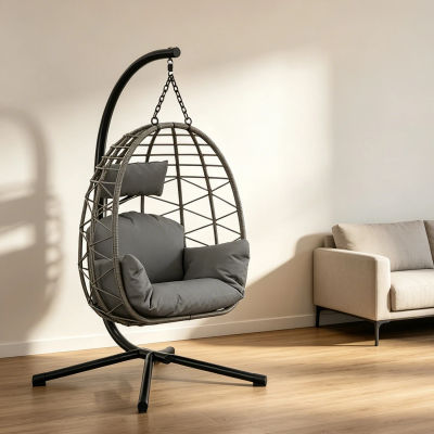 HiMISS Silla colgante tipo huevo de mimbre con soporte negro, cojín impermeable y reposacabezas, hamaca tipo lounge con cubierta para lluvia para interior, exterior, jardín, patio, balcón