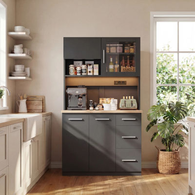 Mueble de cocina Devoko con barra de café, enchufes y LED, tablero alto con vitrina y 3 cajones, 100x40x182 cm, antracita