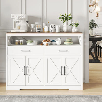 Superaly Mueble de Cocina, Aparador con 2 Cajones y Compartimentos Abiertos, para Sala de Estar, Comedor, MDF, Blanco