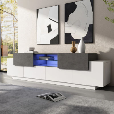 Mueble TV con 4 puertas, 2 cajones, 3 compartimentos e iluminación LED para salón 180×40×45 cm gris blanco