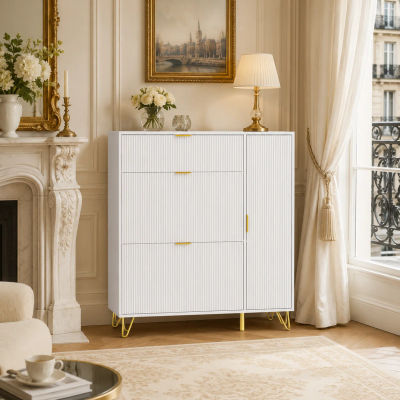 Mueble para zapatos de estilo nórdico de lujo ligero con rayas, 110*24*118.5cm, mueble para zapatos con tapa abatible en blanco, patas de metal dorado, mueble de entrada multicapa con cajones,